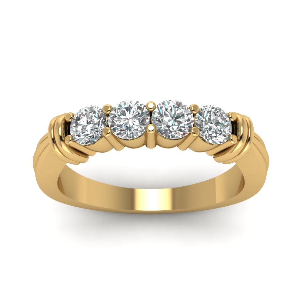 Semi Mount Shaped Four Stone Anniversary Band For Ladies with White Diamond 18K Yellow Gold