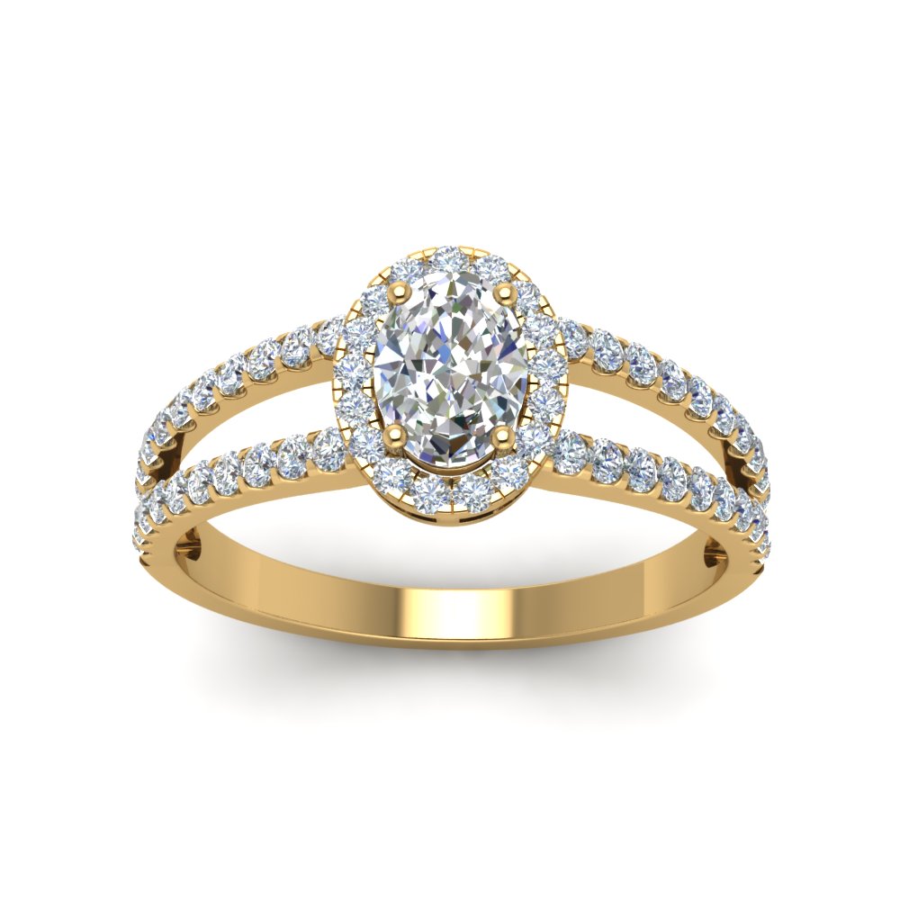 French Pave Halo Oval Shaped Diamond Split Ring In 14K Yellow Gold ...