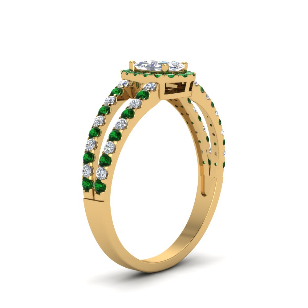 French Pave Halo Oval Shaped Diamond Split Ring With Emerald In 14K ...
