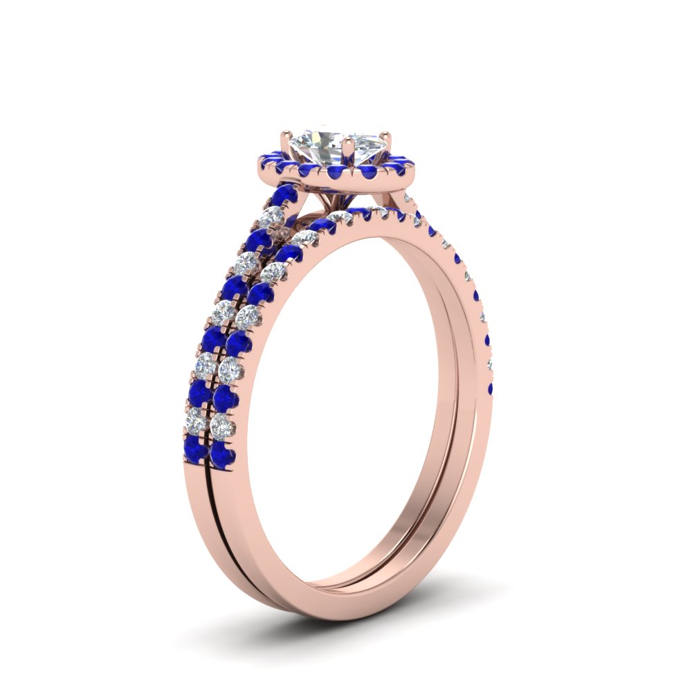 French Pave Oval Halo diamond Bridal Set With Sapphire In 18K Rose Gold ...