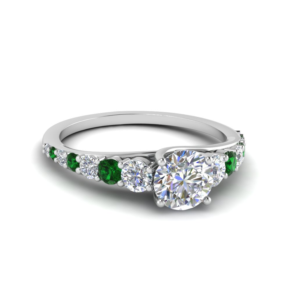 Graduated Round Cut Diamond Engagement Ring With Emerald In 14K White ...