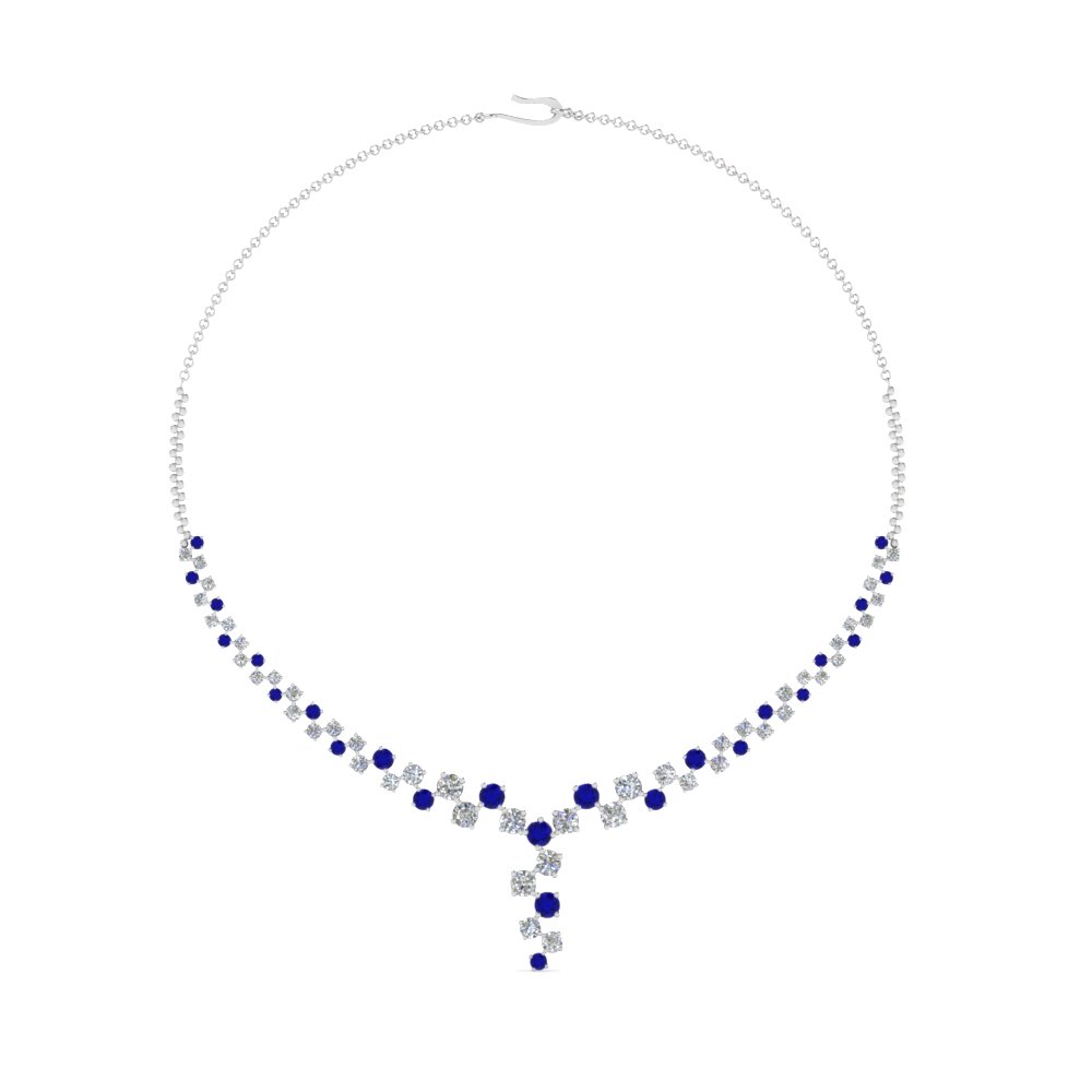 Semi Mount Shaped Graduated Single Line Drop Diamond Necklace with Blue Sapphire 14K White Gold