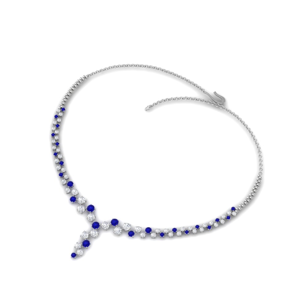 Semi Mount Shaped Graduated Single Line Drop Diamond Necklace with Blue Sapphire 14K White Gold