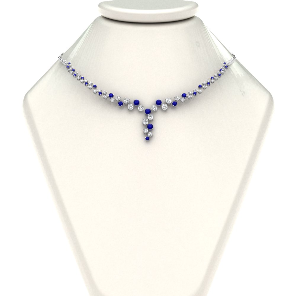 Semi Mount Shaped Graduated Single Line Drop Diamond Necklace with Blue Sapphire 14K White Gold