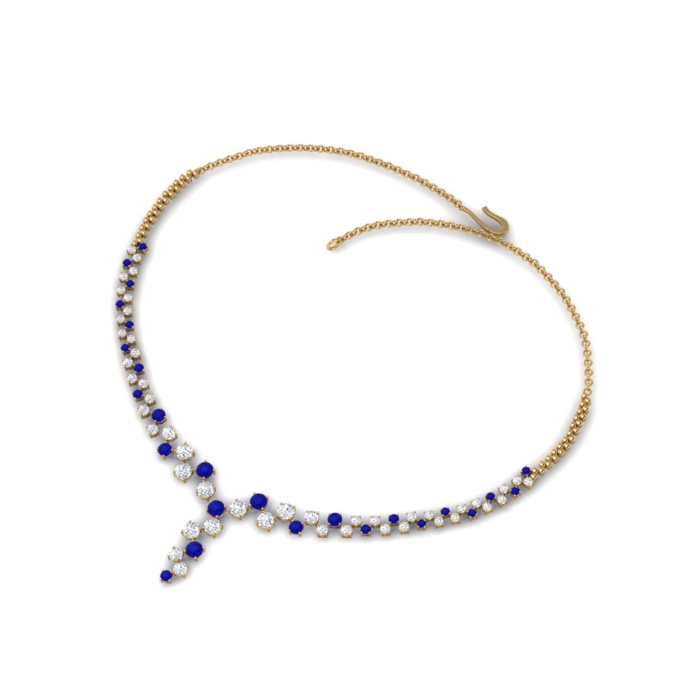 Graduated Zigzag Drop Diamond Necklace With Sapphire In 14K Yellow Gold ...