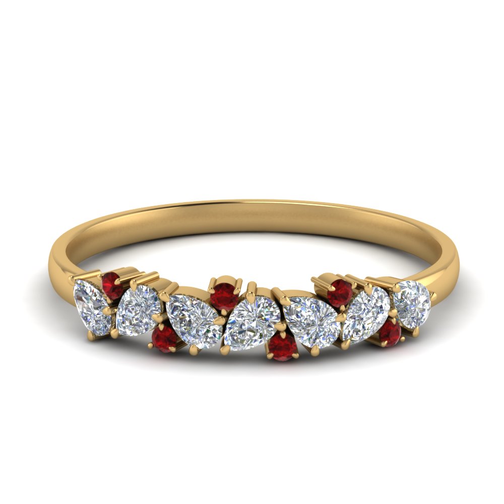 Half Carat Pear Diamond Anniversary Band With Ruby In 18K