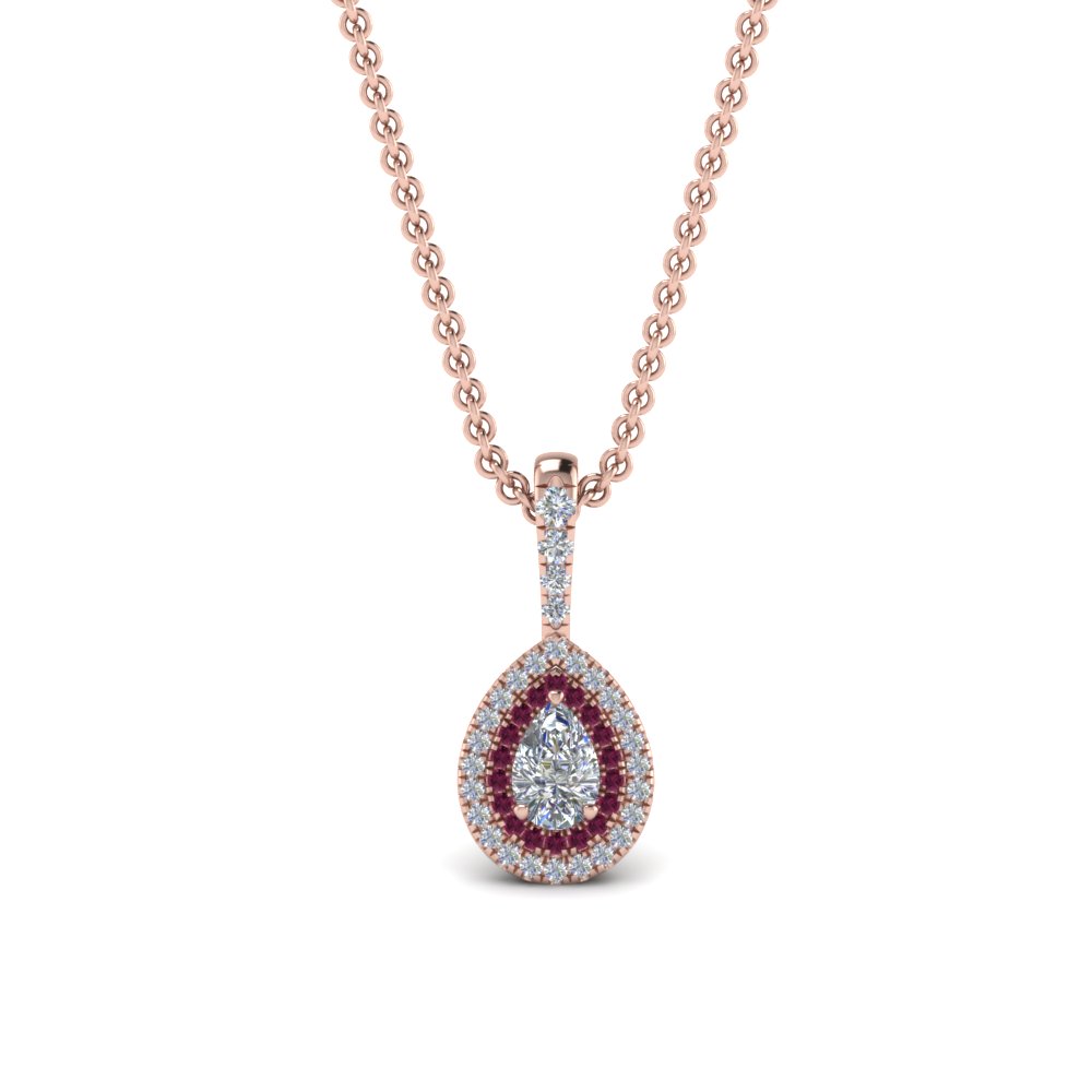 18K White Gold Cushion Cut Pink Diamond Pendant Double Halo Necklace 18  Chain