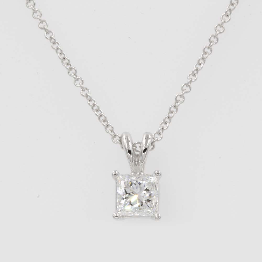 Princess Cut 14K White Gold Solitaire Pendant Necklace With Rope Chain 0.50ctw 