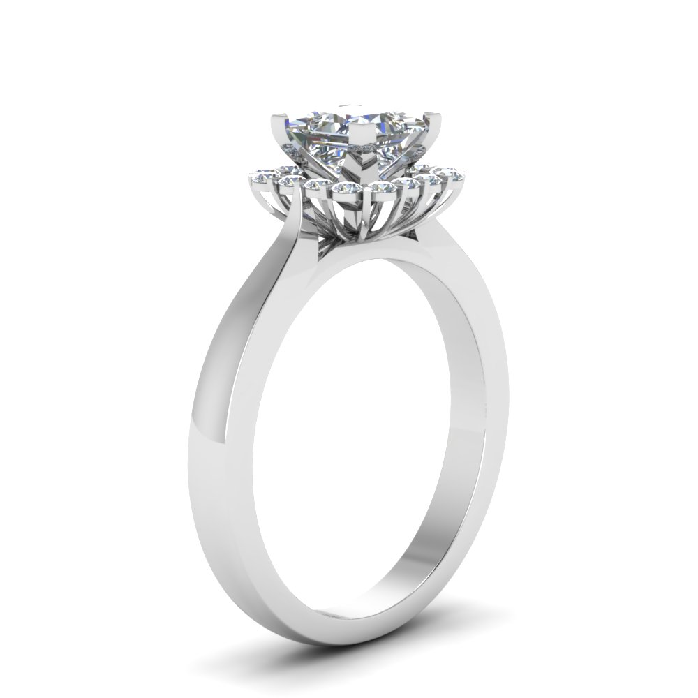 Half Carat Princess Cut Halo Diamond Engagement Ring In 18K White Gold ...