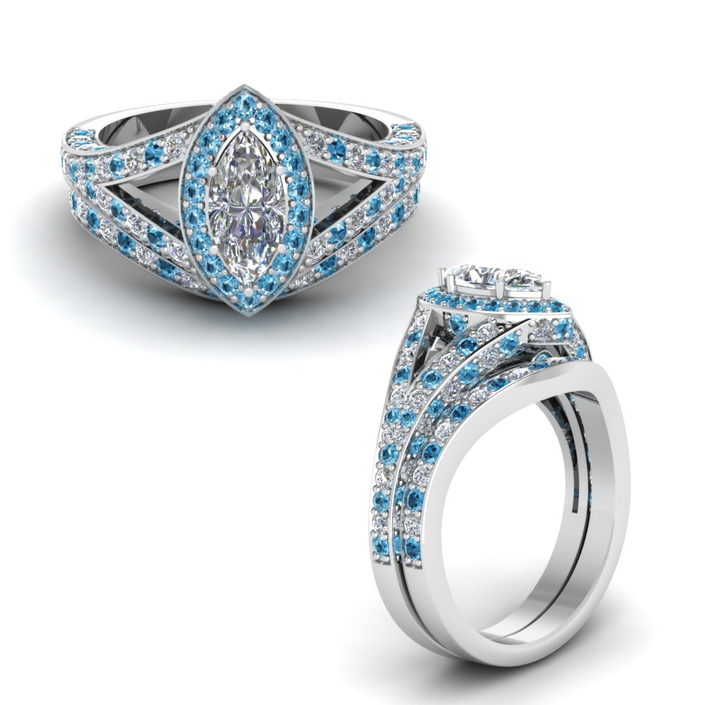 Halo Marquise Split Shank Diamond Wedding Ring Set In 14K Yellow Gold ...