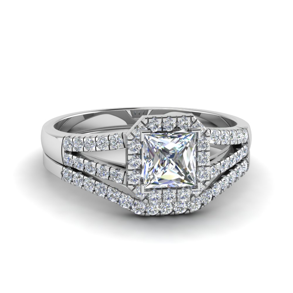 halo princess cut diamond split shank wedding set in FDENS3157PR NL WG