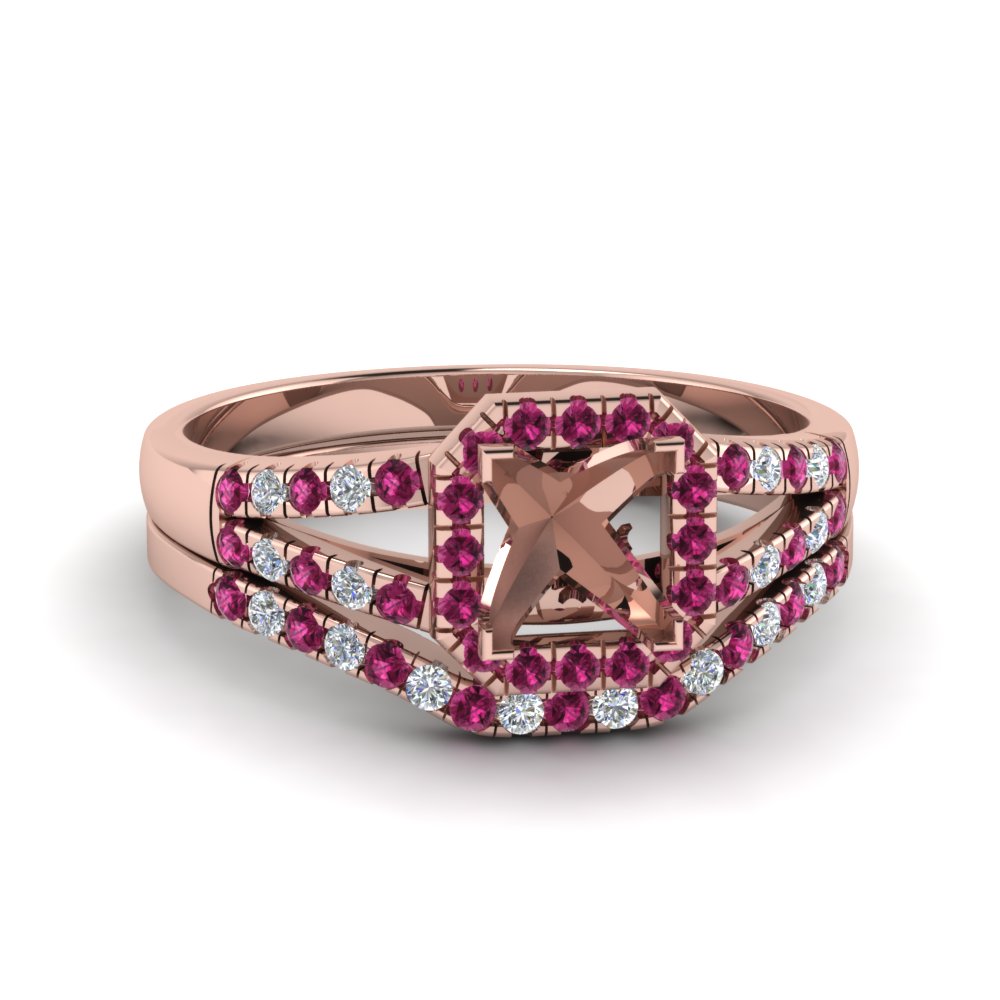 Pink Sapphire Semi Mount Wedding Ring Set