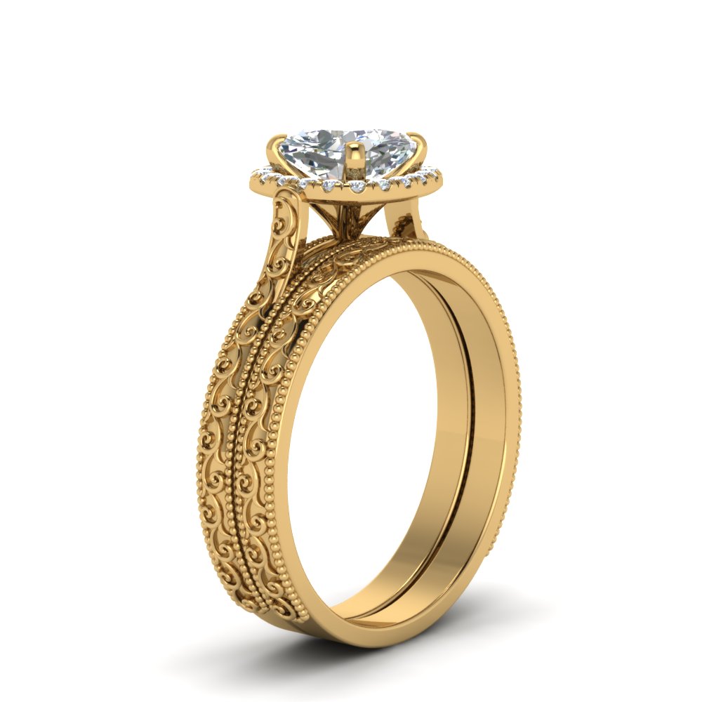 Hand Engraved Cushion Cut Halo Diamond Wedding Ring Set In 14K Yellow ...