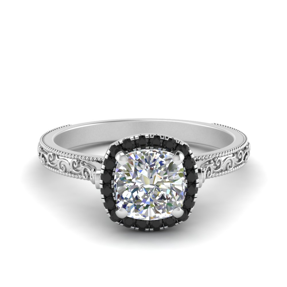 Hand Engraved Cushion Cut Halo Engagement Ring With Black Diamond
