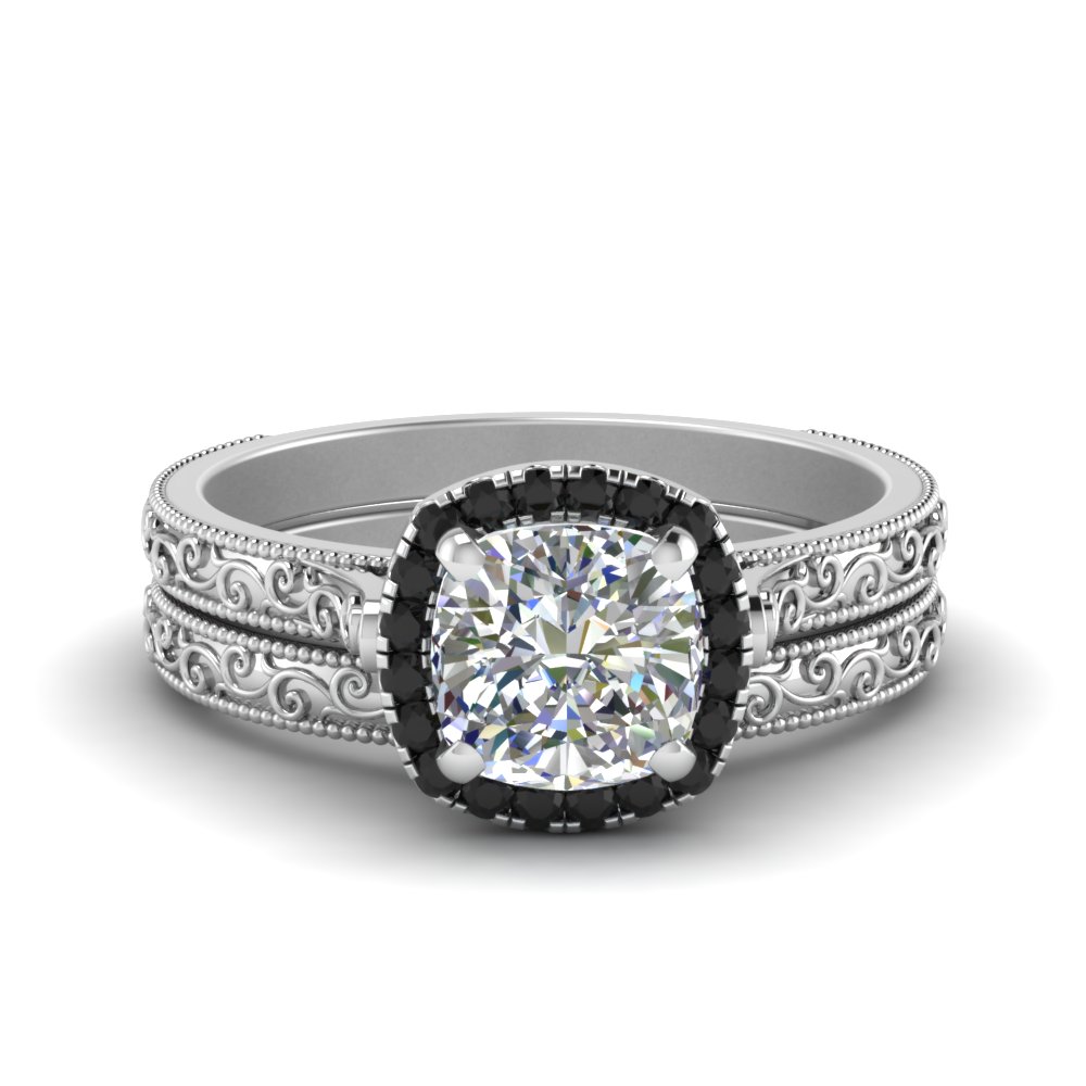 hand engraved cushion cut halo wedding ring set with black diamond in FD8588CUGBLACK NL WG