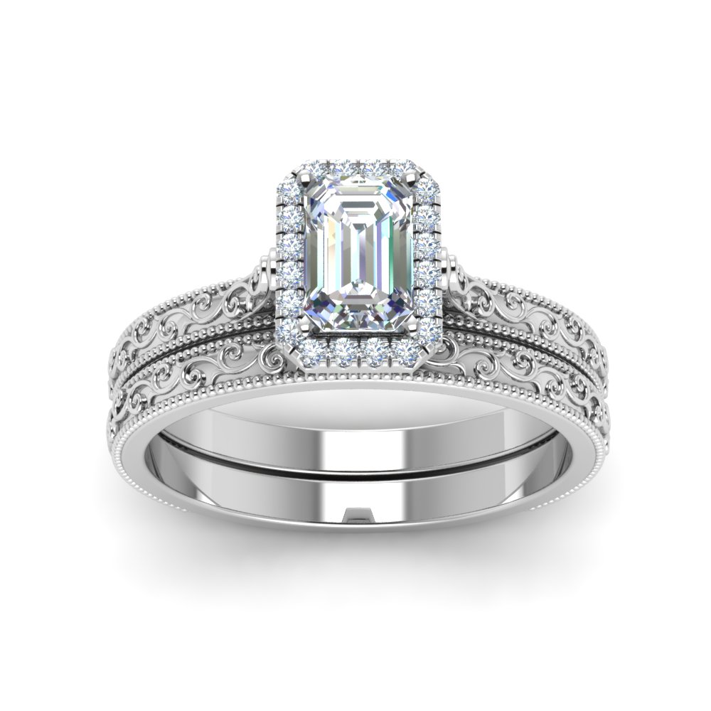 Hand Engraved Emerald Cut Halo Diamond Wedding Ring Set In