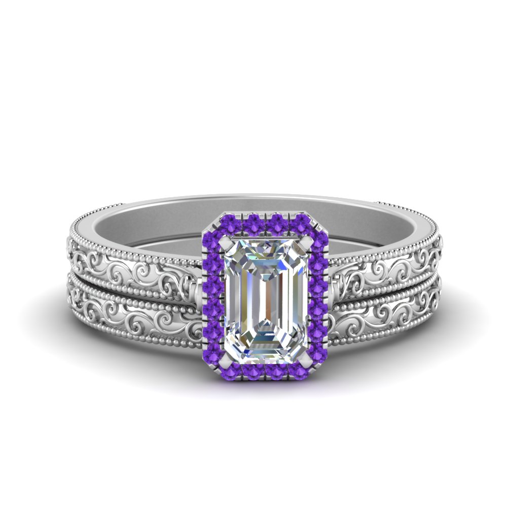 Hand Engraved Emerald Cut Halo Diamond Wedding Ring Set
