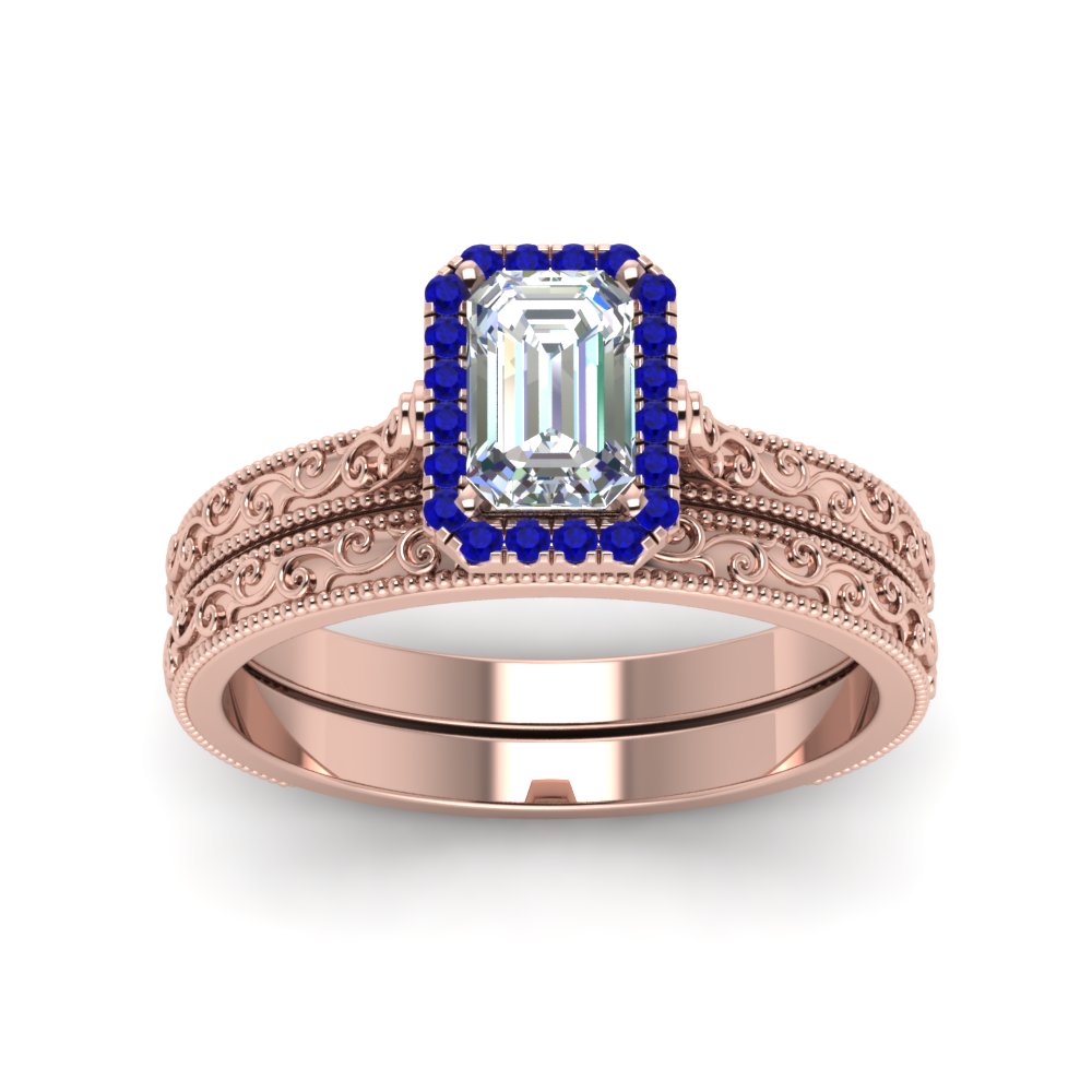 Hand Engraved Emerald Cut Halo Diamond Wedding Ring Set
