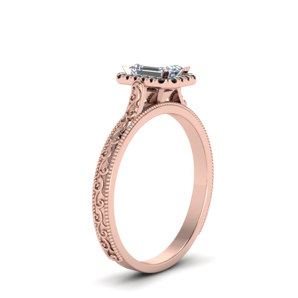 Emerald Shaped Hand Engraved Emerald Cut Halo Engagement Ring with Black Diamond 14K Rose Gold