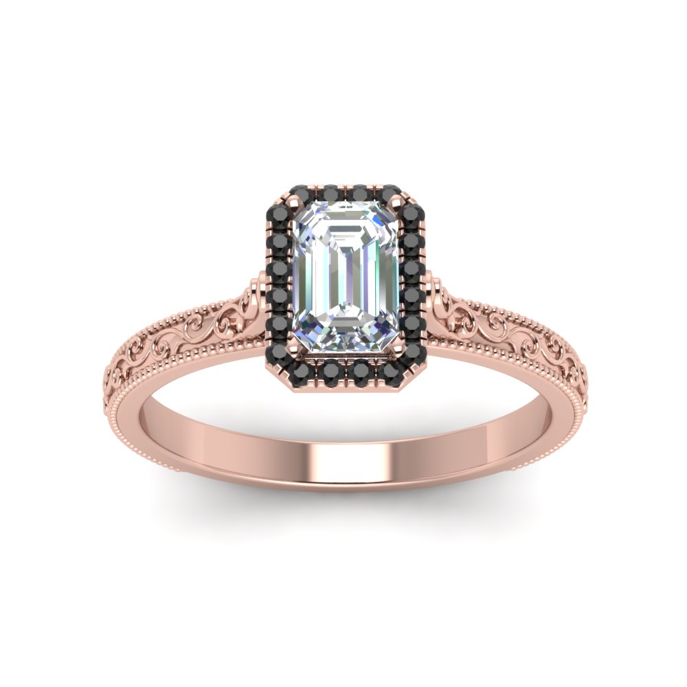 Emerald Shaped Hand Engraved Emerald Cut Halo Engagement Ring with Black Diamond 14K Rose Gold