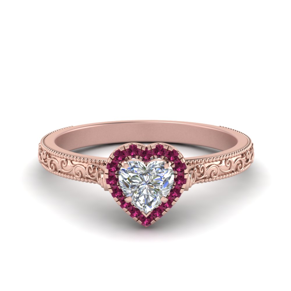 Hand Engraved Heart Shaped Halo Diamond Engagement Ring With Pink Sapphire In 14k Rose Gold Fascinating Diamonds