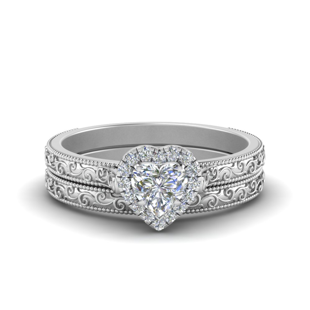 Hand Engraved Heart Shaped Halo Diamond Wedding Ring Set