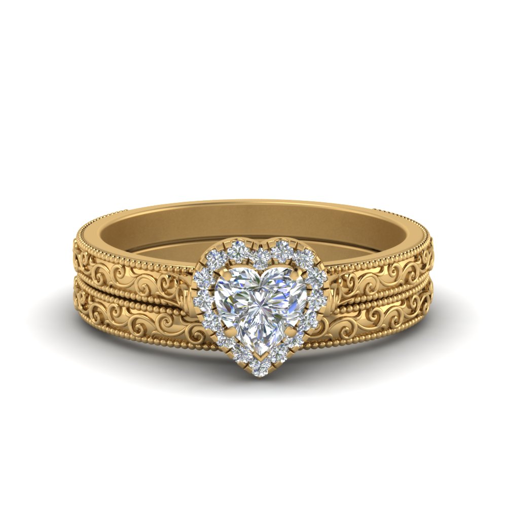 hand engraved heart shaped halo diamond wedding ring set in FD8588HT NL YG