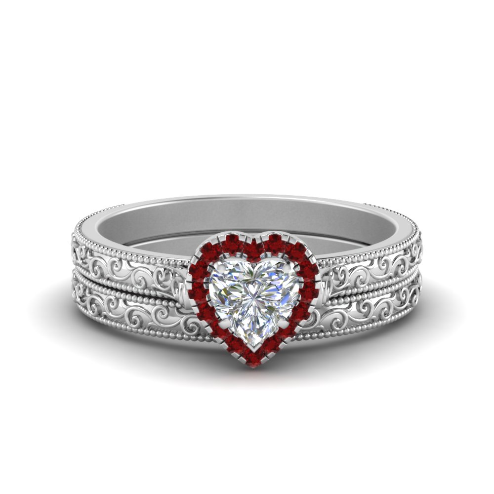 Hand Engraved Heart Shaped Halo Diamond Wedding Ring Set
