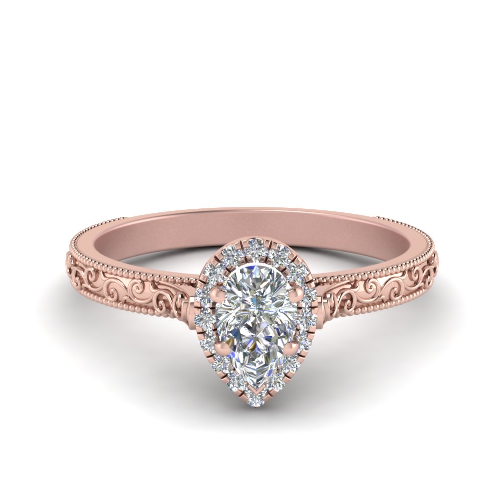 Bedoel Doorweekt Grommen Hand Engraved Pear Shaped Halo Diamond Engagement Ring In 18K Rose Gold |  Fascinating Diamonds