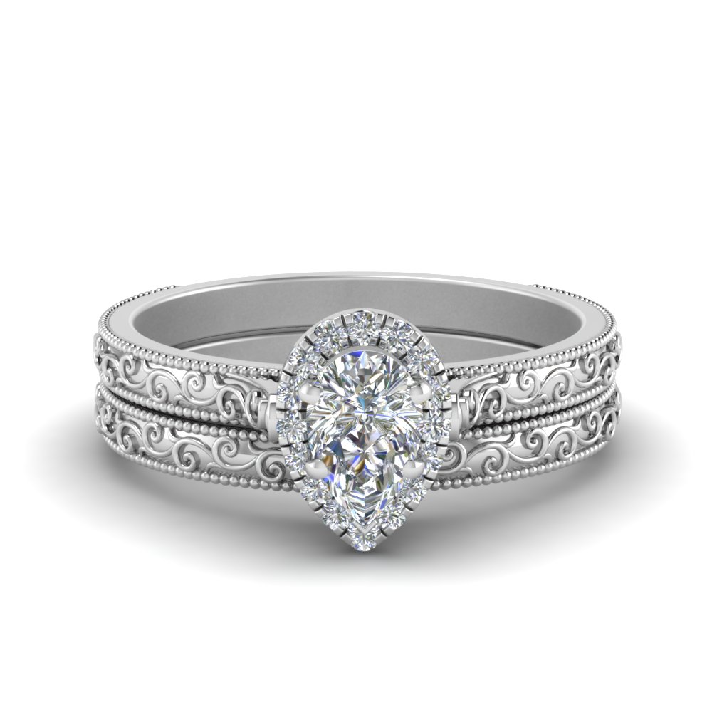 hand engraved pear shaped halo diamond wedding ring set in FD8588PE NL WG