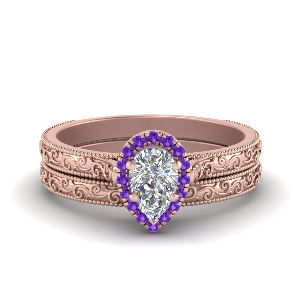 Pear Shaped Hand Engraved Halo Pear Shaped Wedding Ring Set with Purple Amethyst in 14K Rose Gold