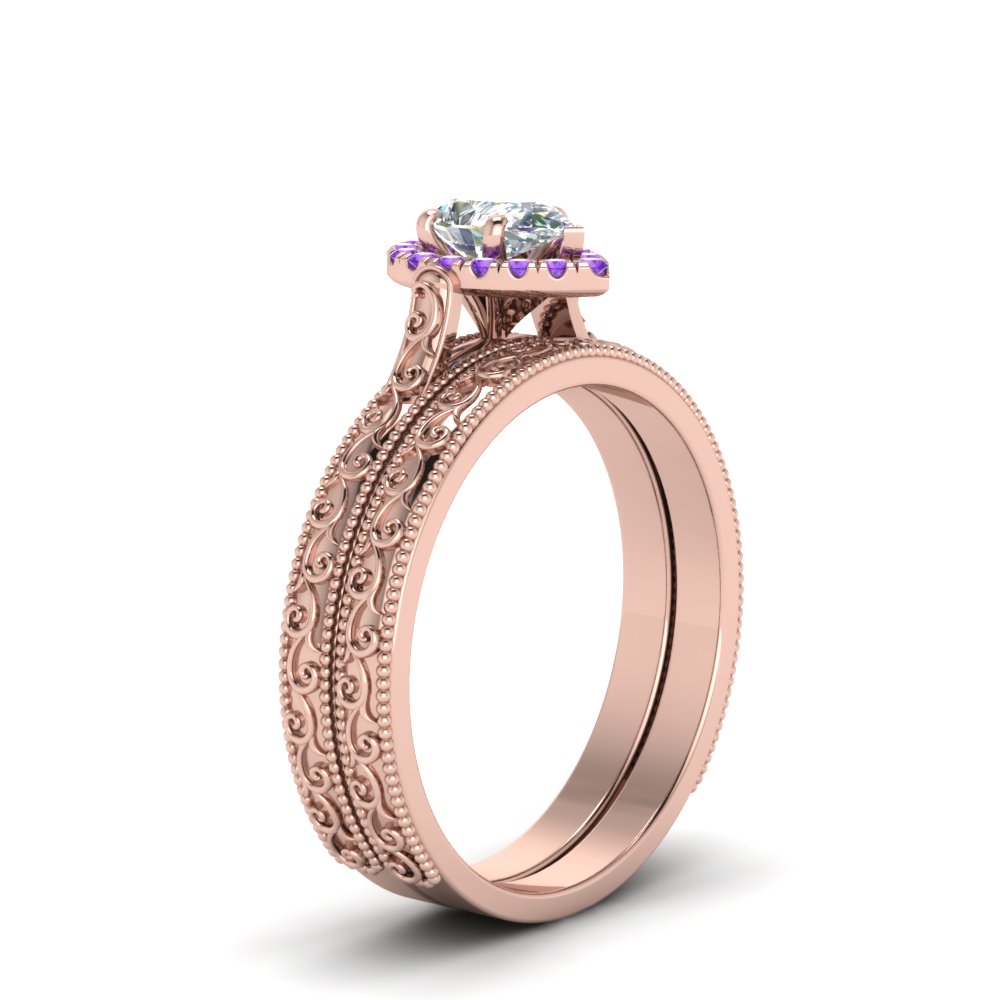 Pear Shaped Hand Engraved Halo Pear Shaped Wedding Ring Set with Purple Amethyst in 14K Rose Gold