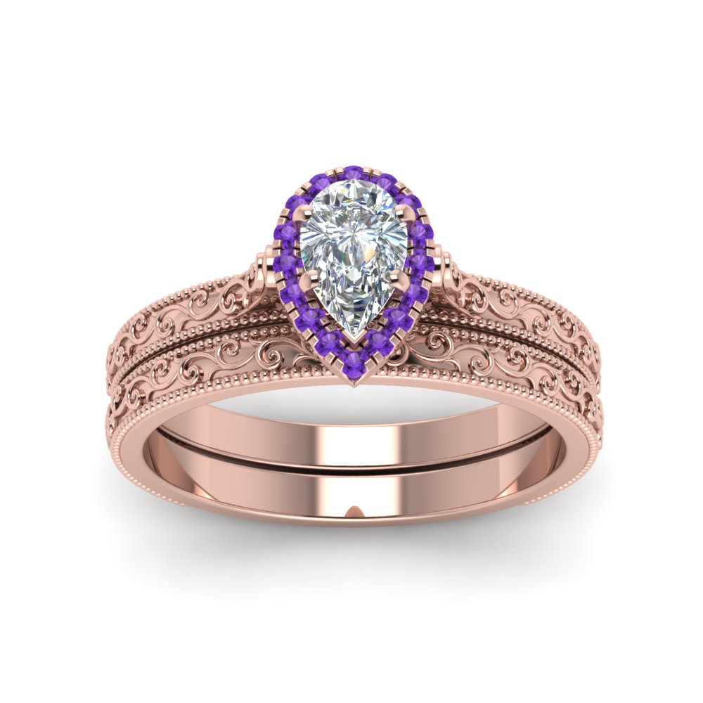 Pear Shaped Hand Engraved Halo Pear Shaped Wedding Ring Set with Purple Amethyst in 14K Rose Gold