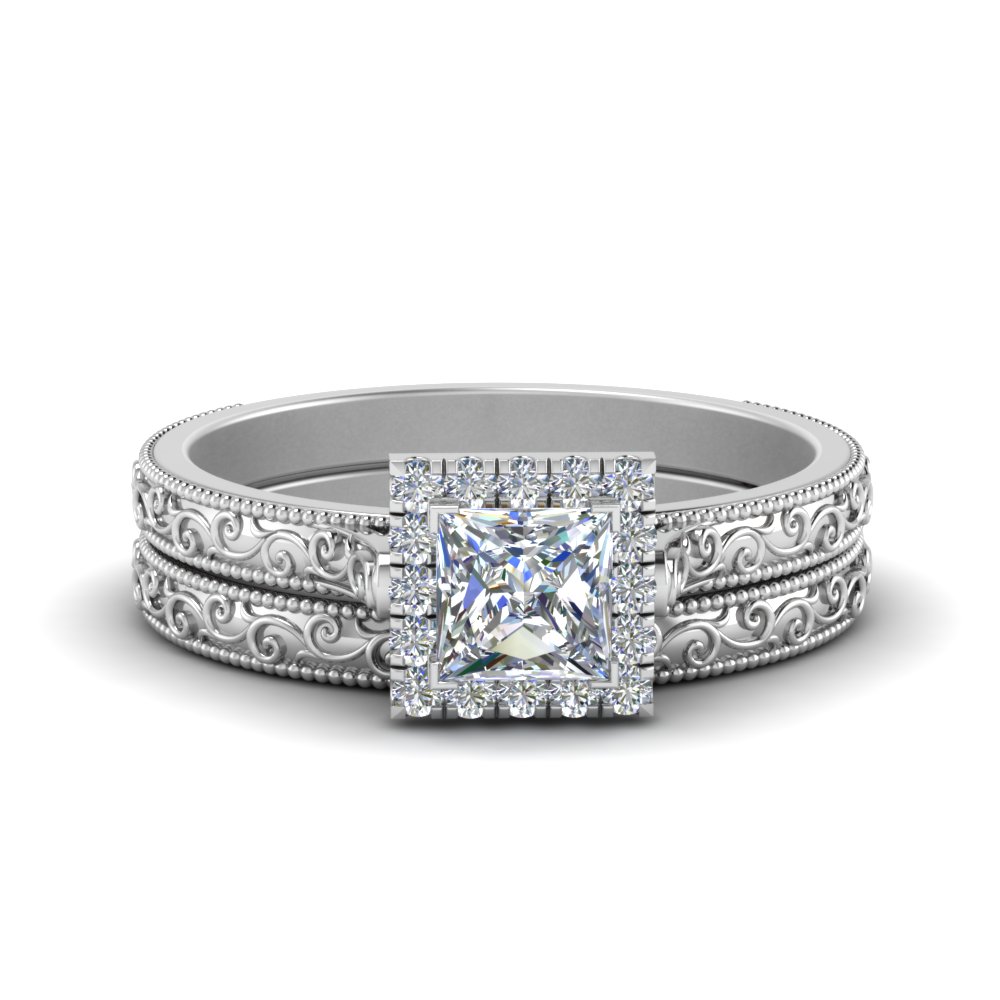 Hand Engraved Princess Cut Halo Diamond Wedding Ring Set