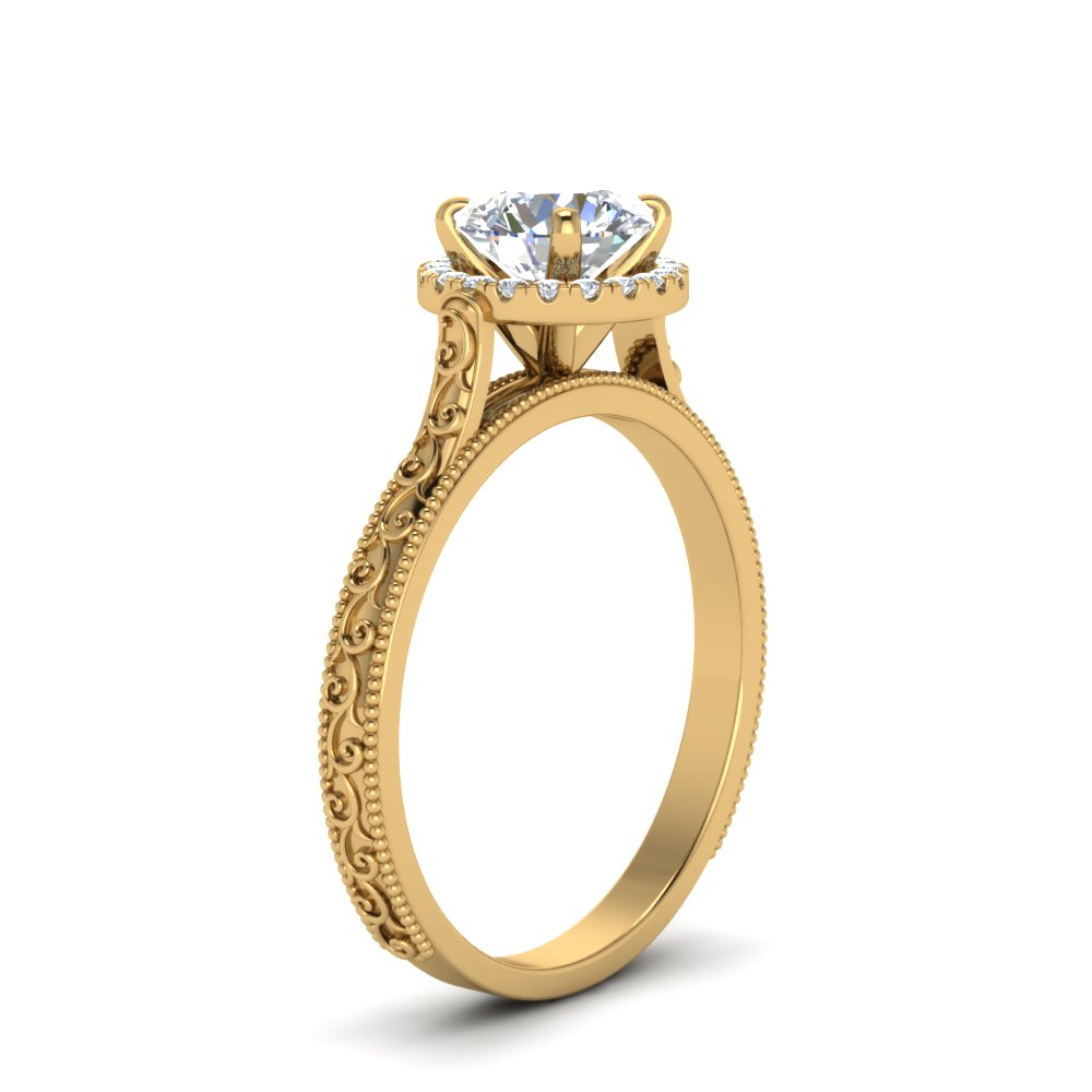 Hand Engraved Round Cut Halo Diamond Engagement Ring In 14K Yellow Gold ...