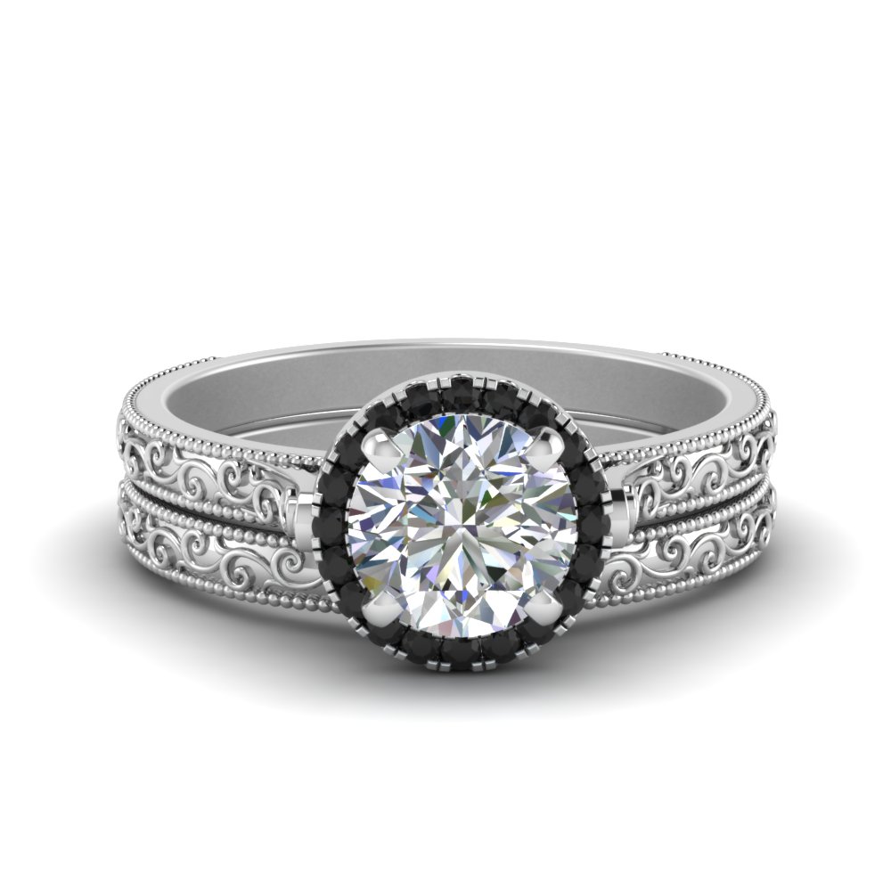 Hand Engraved Round Cut Halo Wedding Ring Set With Black