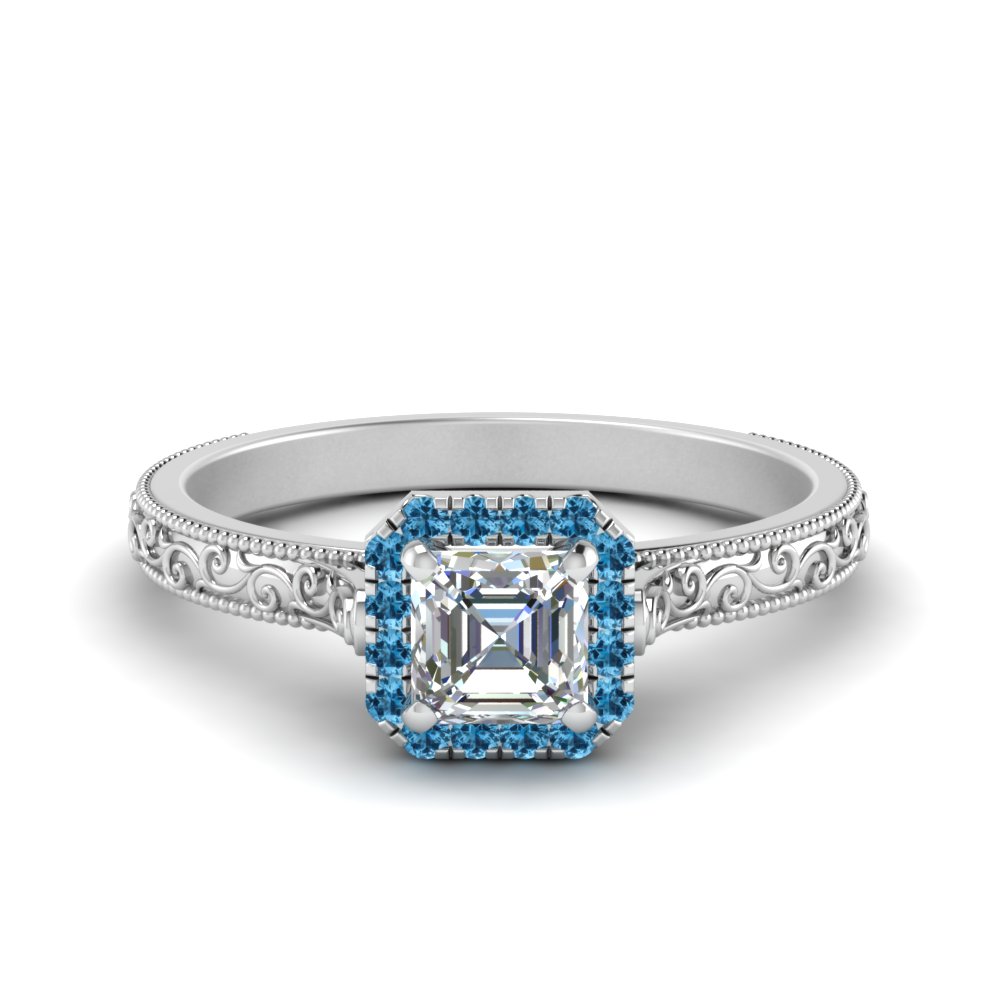 Milgrain Vintage Asscher Diamond Engagement Ring With Blue Topaz Halo ...