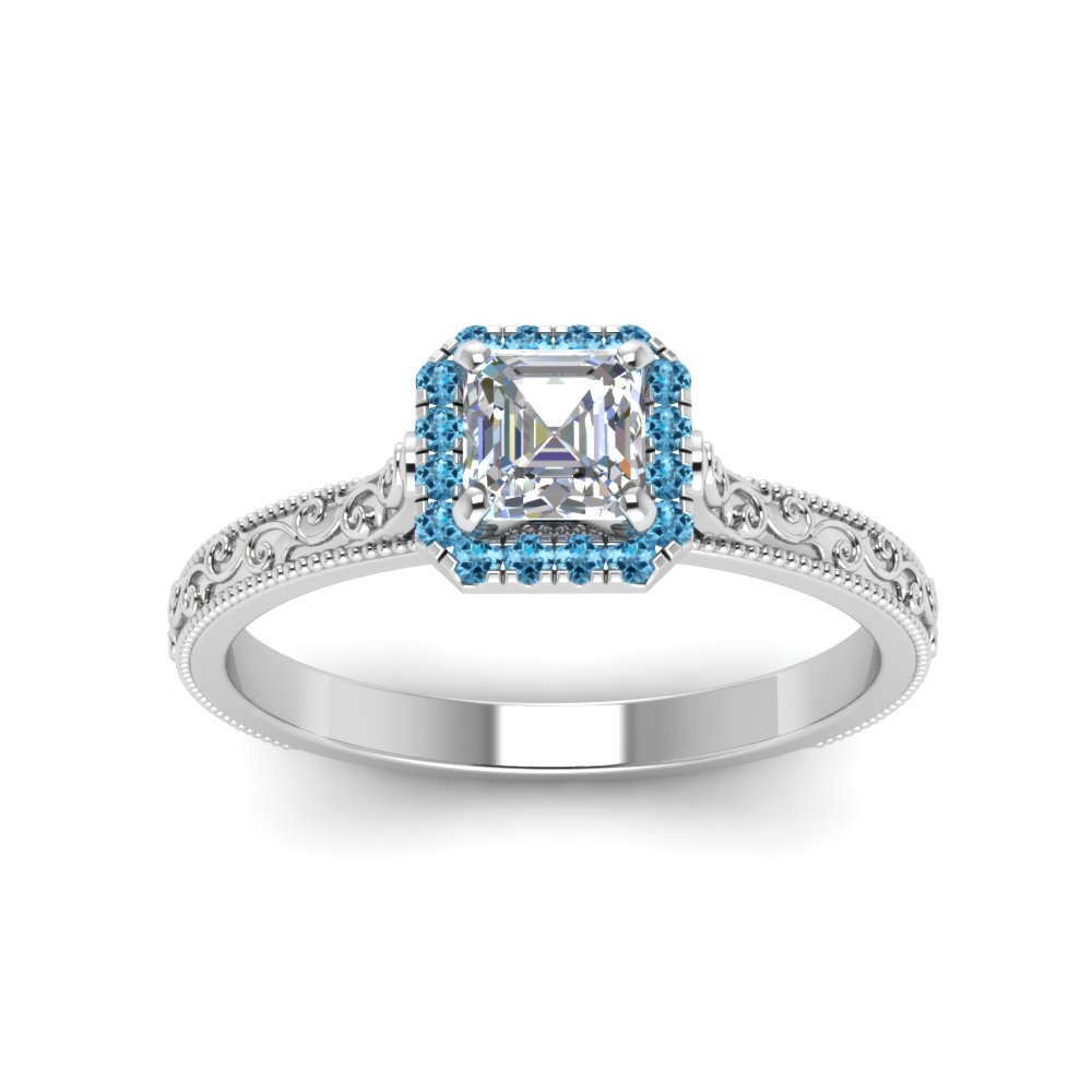 Asscher Shaped  Milgrain Vintage Ring With Halo with Ice Blue Topaz 14K White Gold