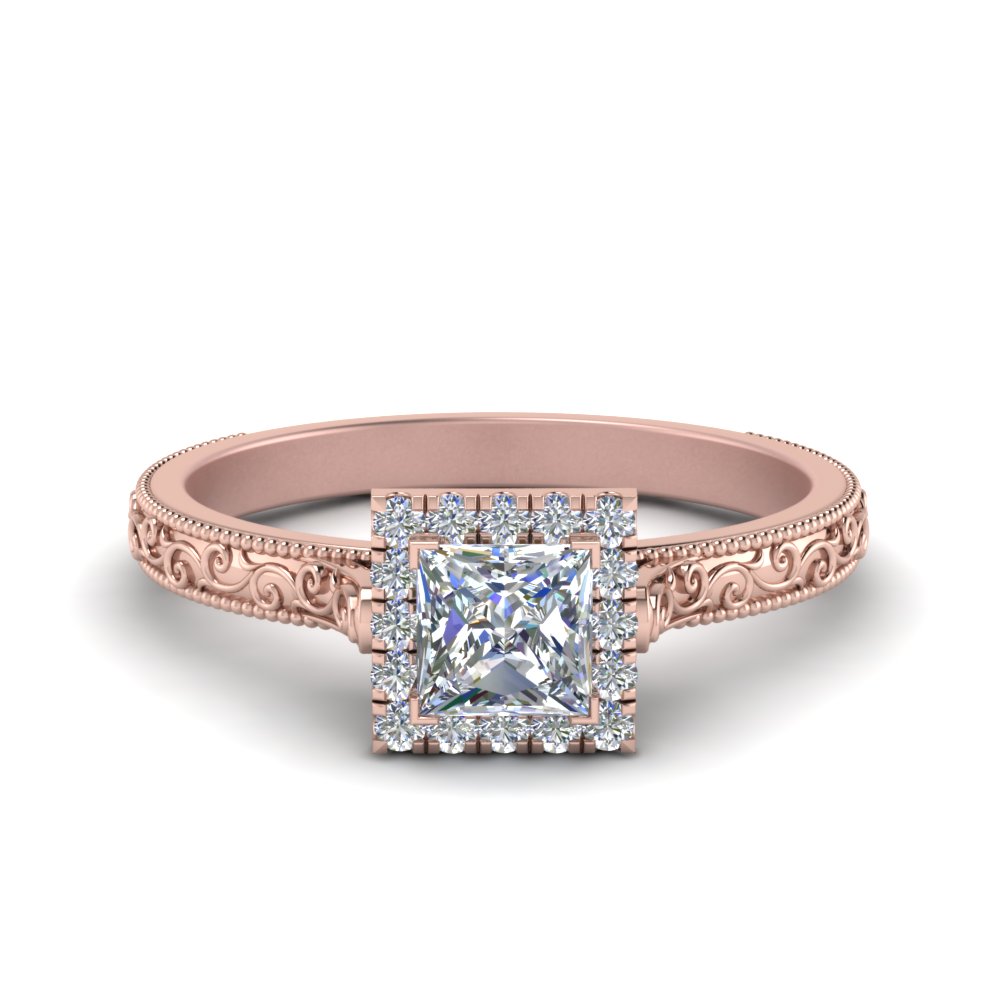 milgrain vintage princess cut diamond engagement ring with halo in FD8588PRR NL RG
