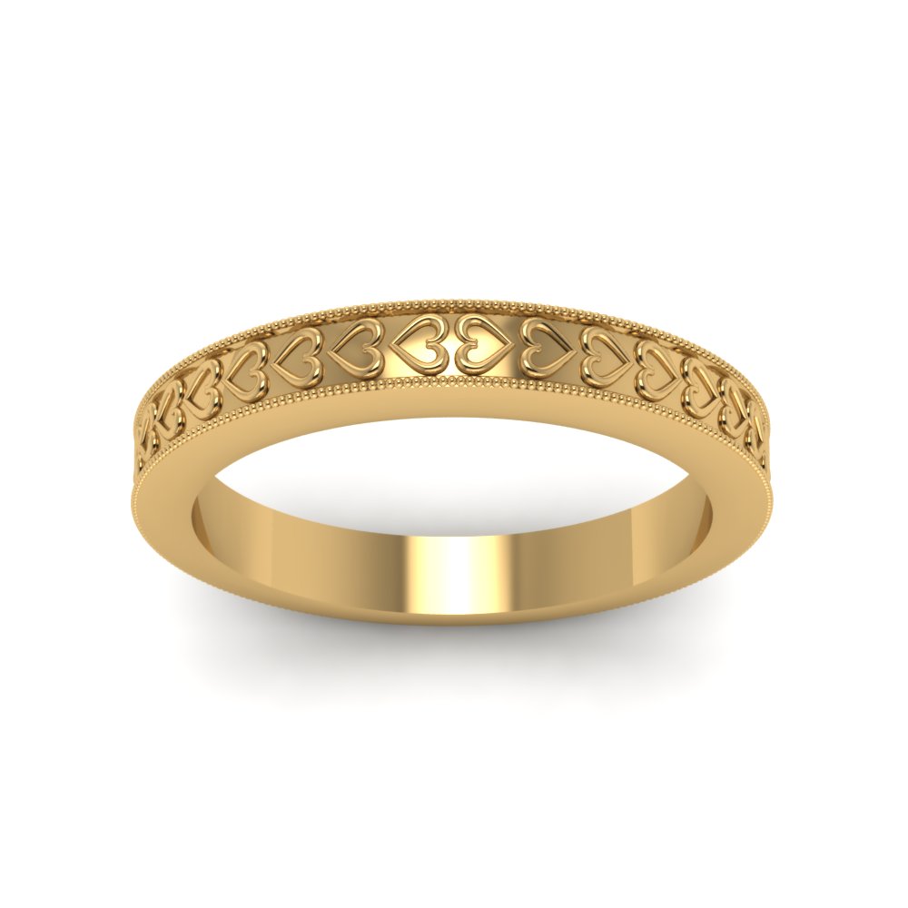 Heart Carved Milgrain Wedding Band In 14K Yellow Gold