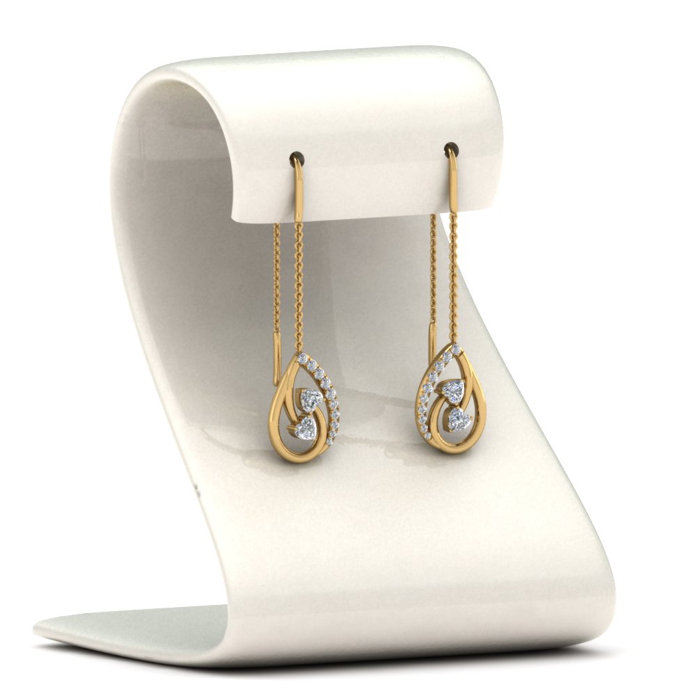 Chain Thread Drop Earring with 14K Yellow Gold White Diamond