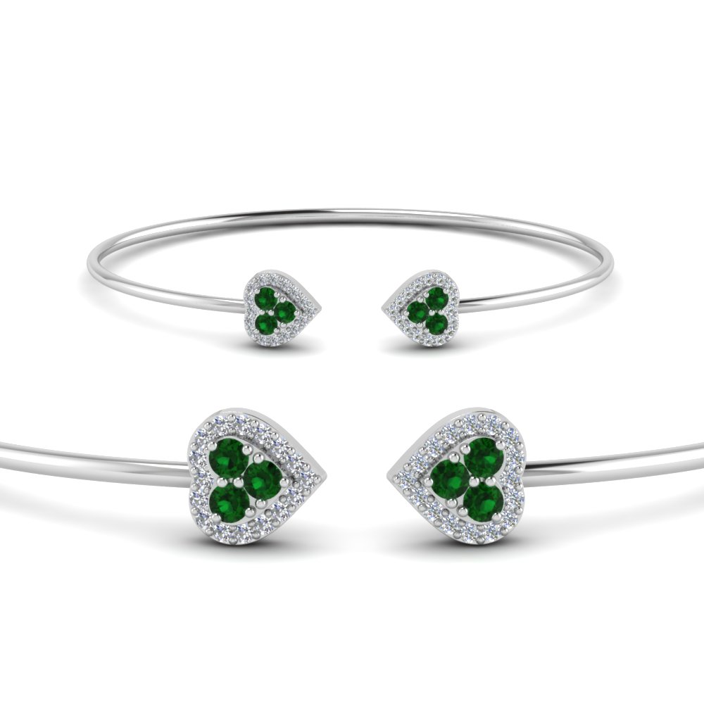 heart halo diamond open cuff bracelet with emerald in FDBRC8320GEMGRANGLE2 NL WG