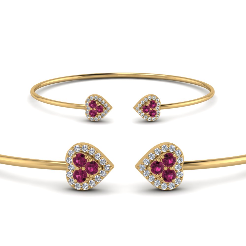 heart halo diamond open cuff bracelet with pink sapphire in FDBRC8320GSADRPIANGLE2 NL YG