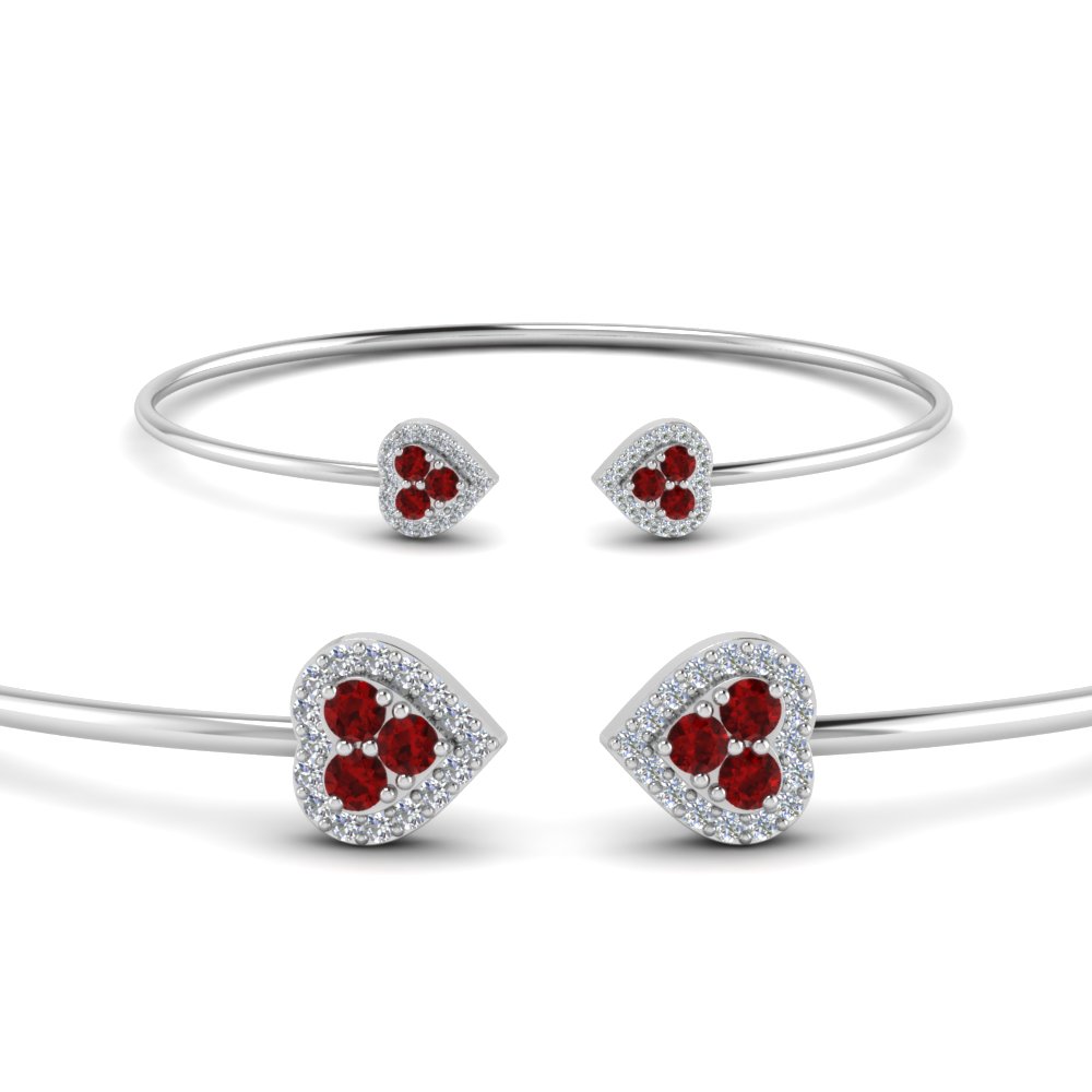 heart halo diamond open cuff bracelet with ruby in FDBRC8320GRUDRANGLE2 NL WG