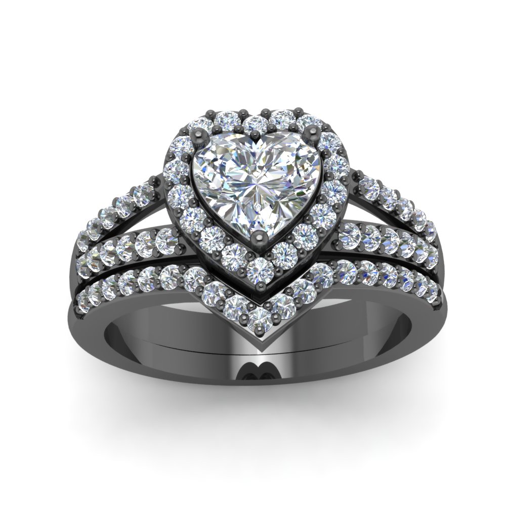 Heart Halo Diamond Wedding Ring Set In 14K Black Gold | Fascinating ...