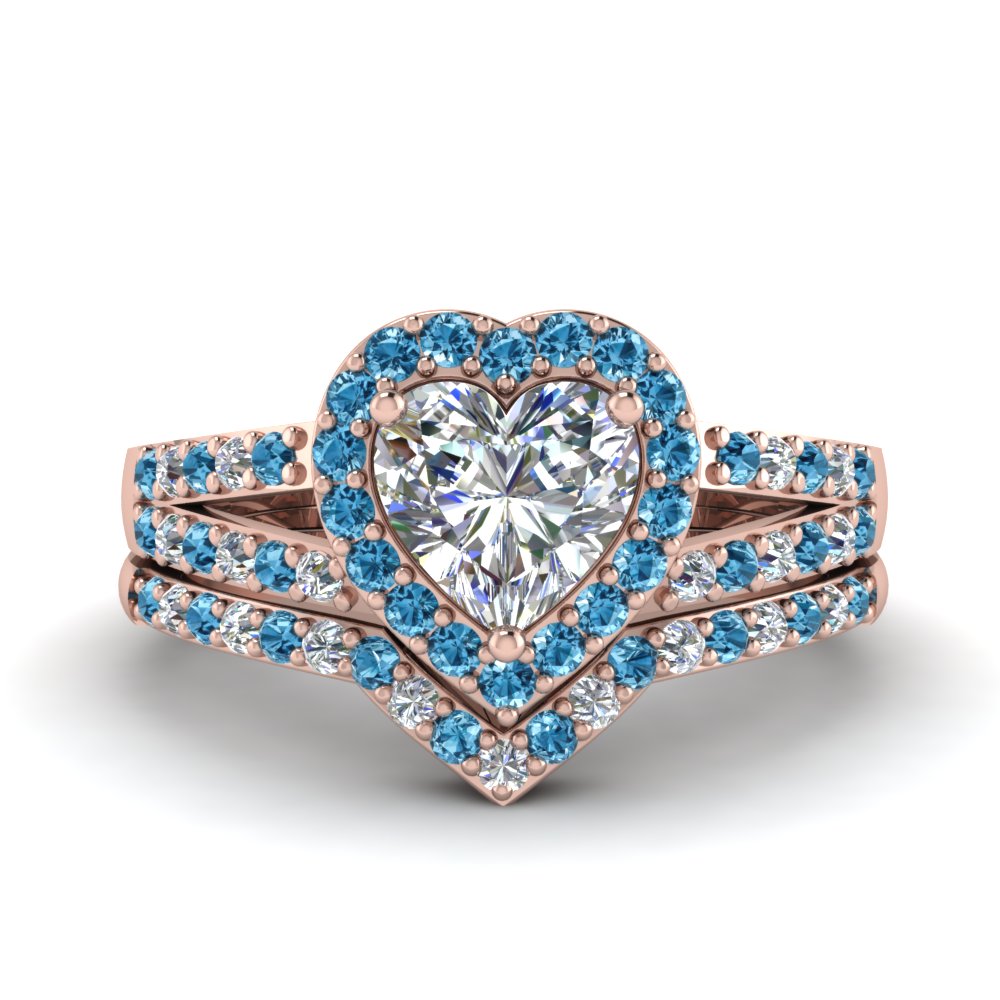 terugvallen hoog voorspelling Heart Halo Diamond Wedding Ring Set With Blue Topaz In 14K Rose Gold |  Fascinating Diamonds