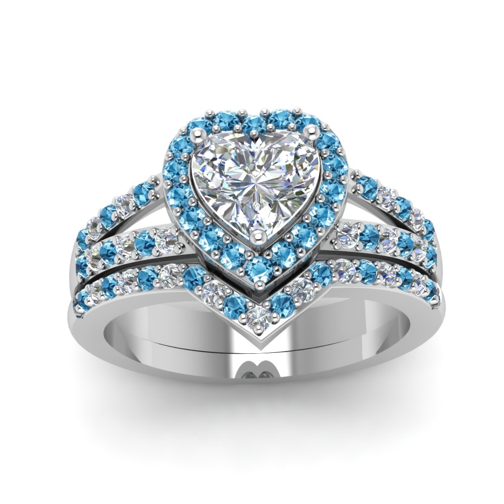 Heart Halo diamond Wedding Ring Set With Blue Topaz In 14K White Gold ...