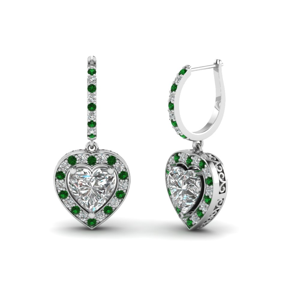 heart halo drop dangle earring with emerald in FDEAR1107GEMGR NL WG