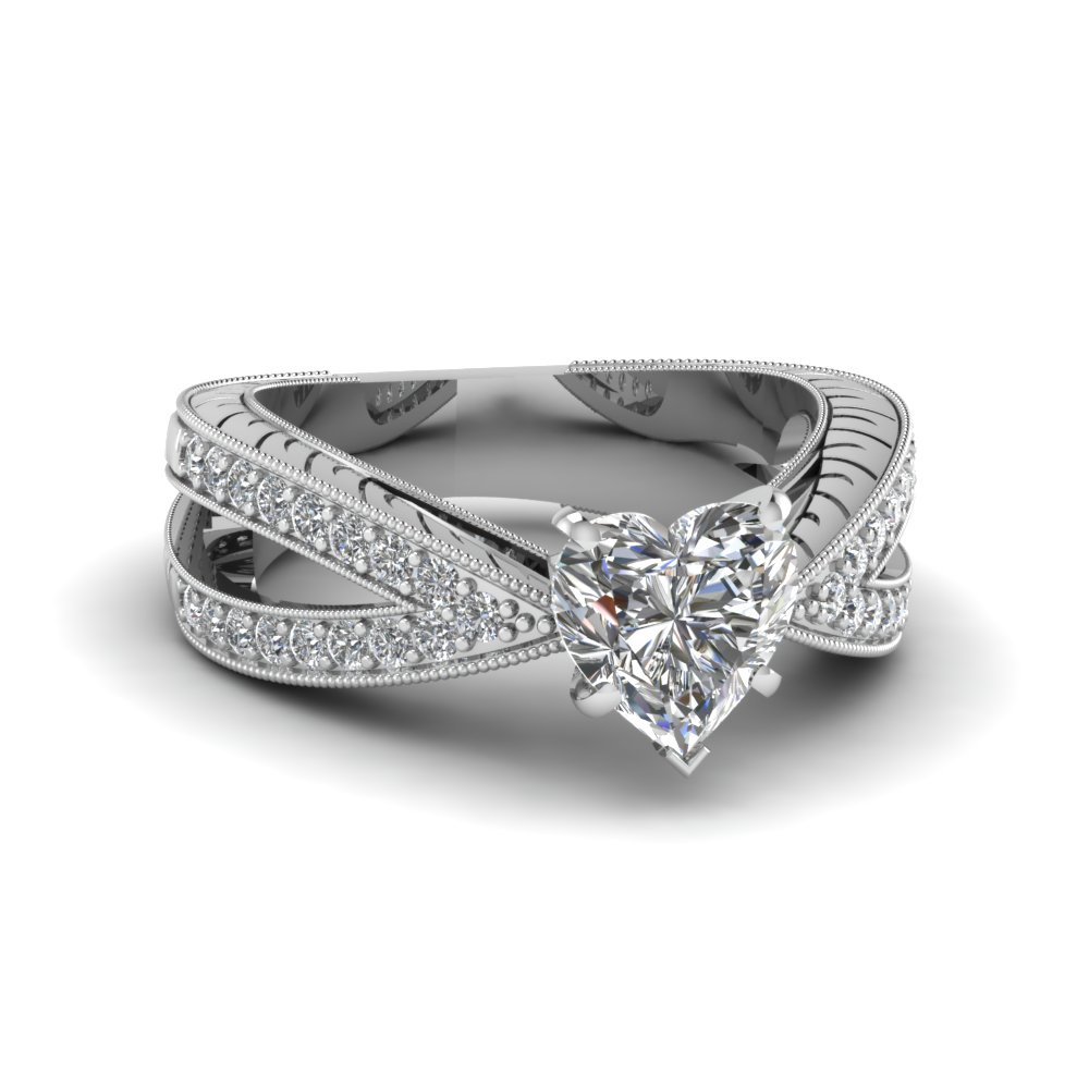 heart shaped Pave vintage style split shank diamond engagement ring in 14K white gold FDENR7428HTR NL WG