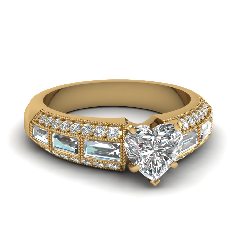 antique baguette heart diamond engagement ring in FD62254HTR NL YG
